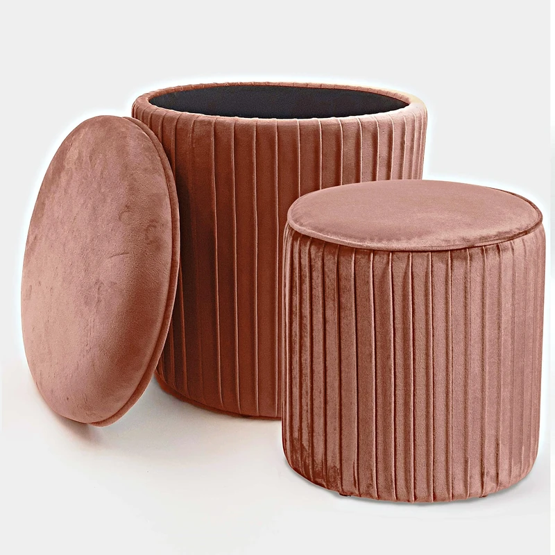 Norbe | Set of 2 Storage Ottoman Cylindrical Velvet Ribbed Stool | Office Footrest | Makeup Toilet | Kids Chair Bedroom or Living Room | Table Footrest