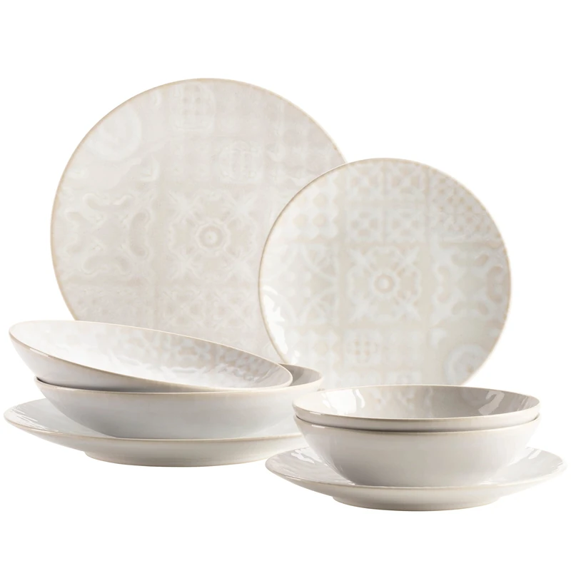 MÄSER 935079 Tiles Series Modern Vintage Crockery Set for 2 People in Moorish Design 8-Piece Dinner Set with Plates and Bowls Made of High-Quality Ceramic Stoneware White