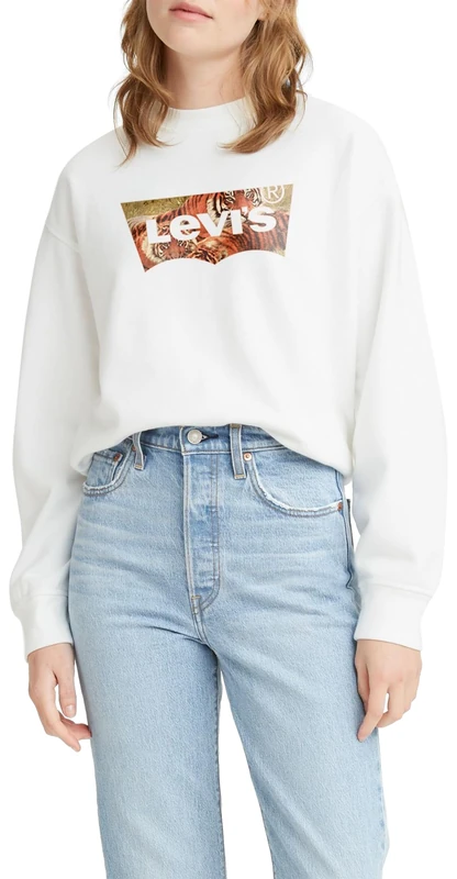 Levi's Women's Graphic Standard Crewneck Sweatshirt, Batwing Tiger Bright White, S