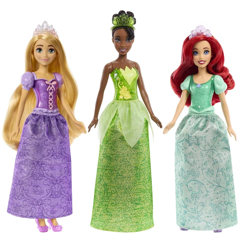 Mattel Disney Princess Toys, Tiana + Rapunzel + Ariel, Pack of 3 Fashion Dolls with Sparkling Clothing and Accessories Inspired by Disney Movies, HLW45
