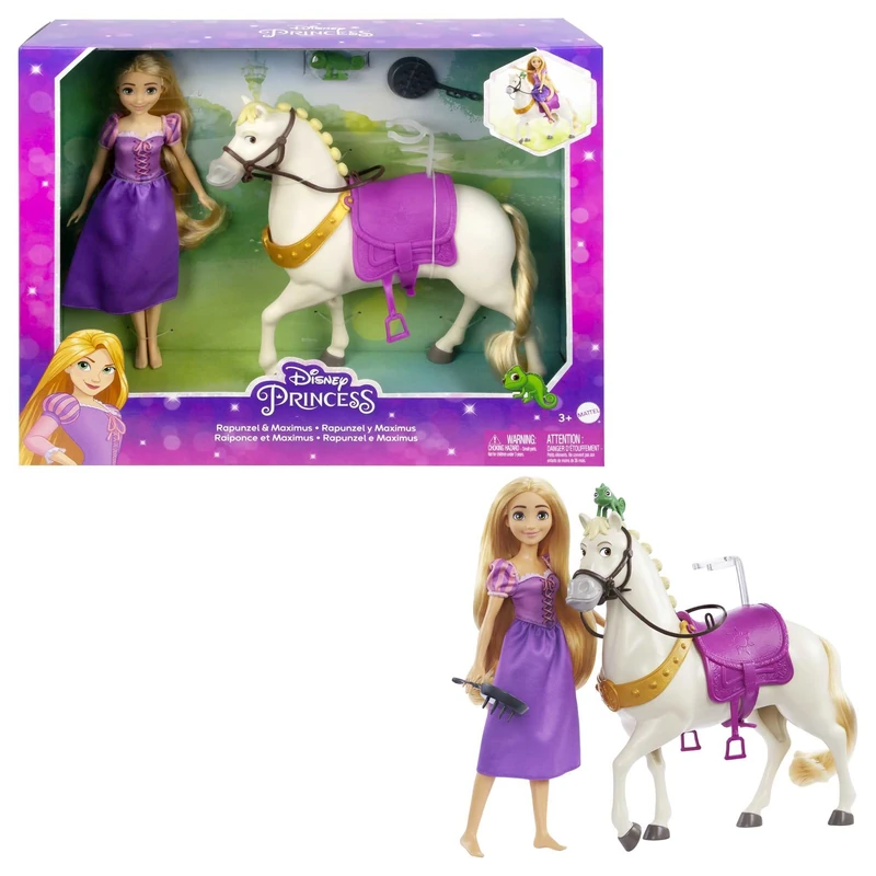Disney Princess Toys, Rapunzel Doll with Maximus Horse, Pascal Figure, Brush and Riding Accessories, Inspired by the Disney Movie, HLW23