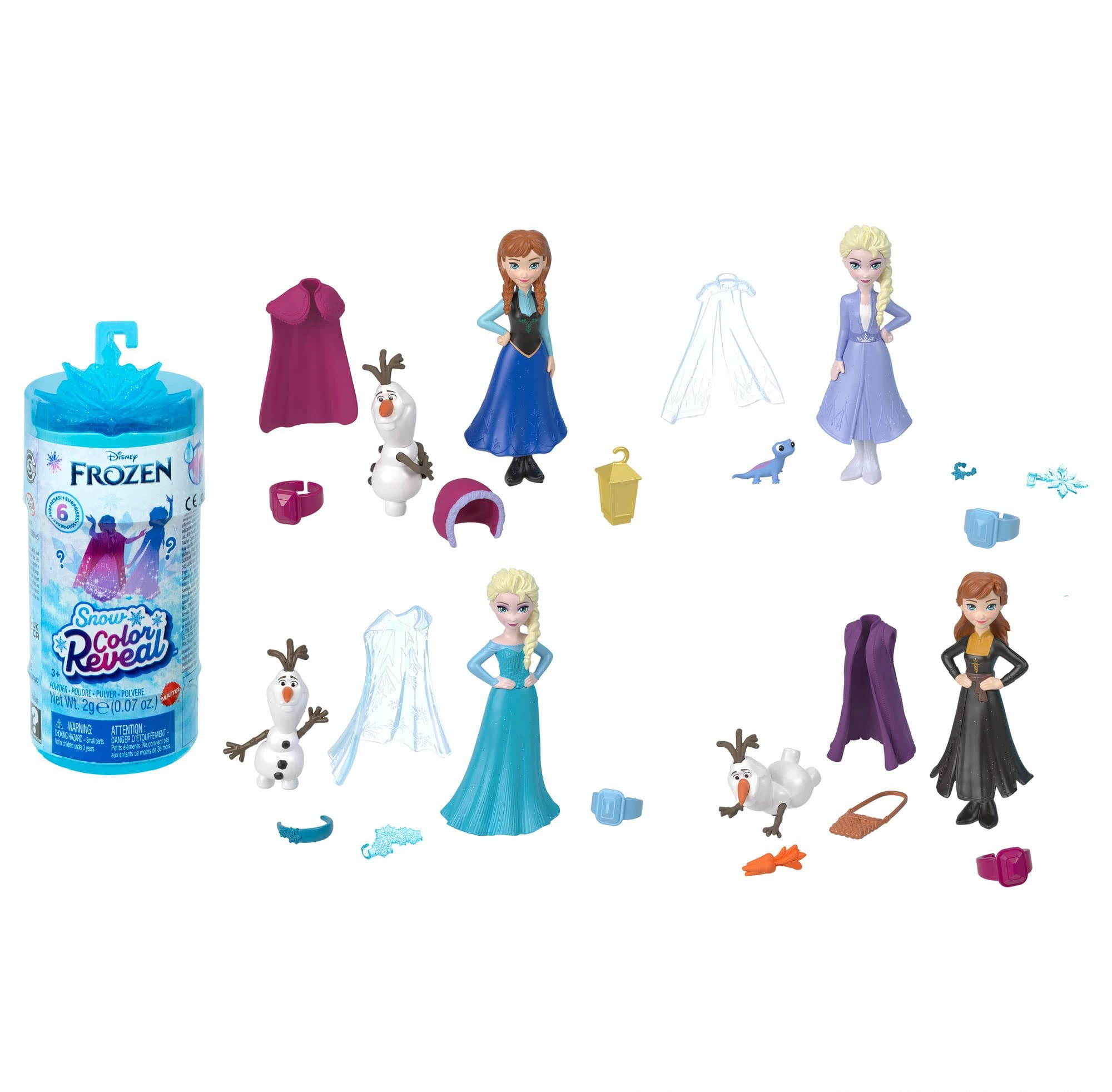Mattel Disney Frozen Snow Colour Reveal, Includes Powder and 6 Surprise Movie Characters Including Anna, Elsa, and Olaf, Disney Doll Accessories, Toys for Ages 3 and Up, HMB83