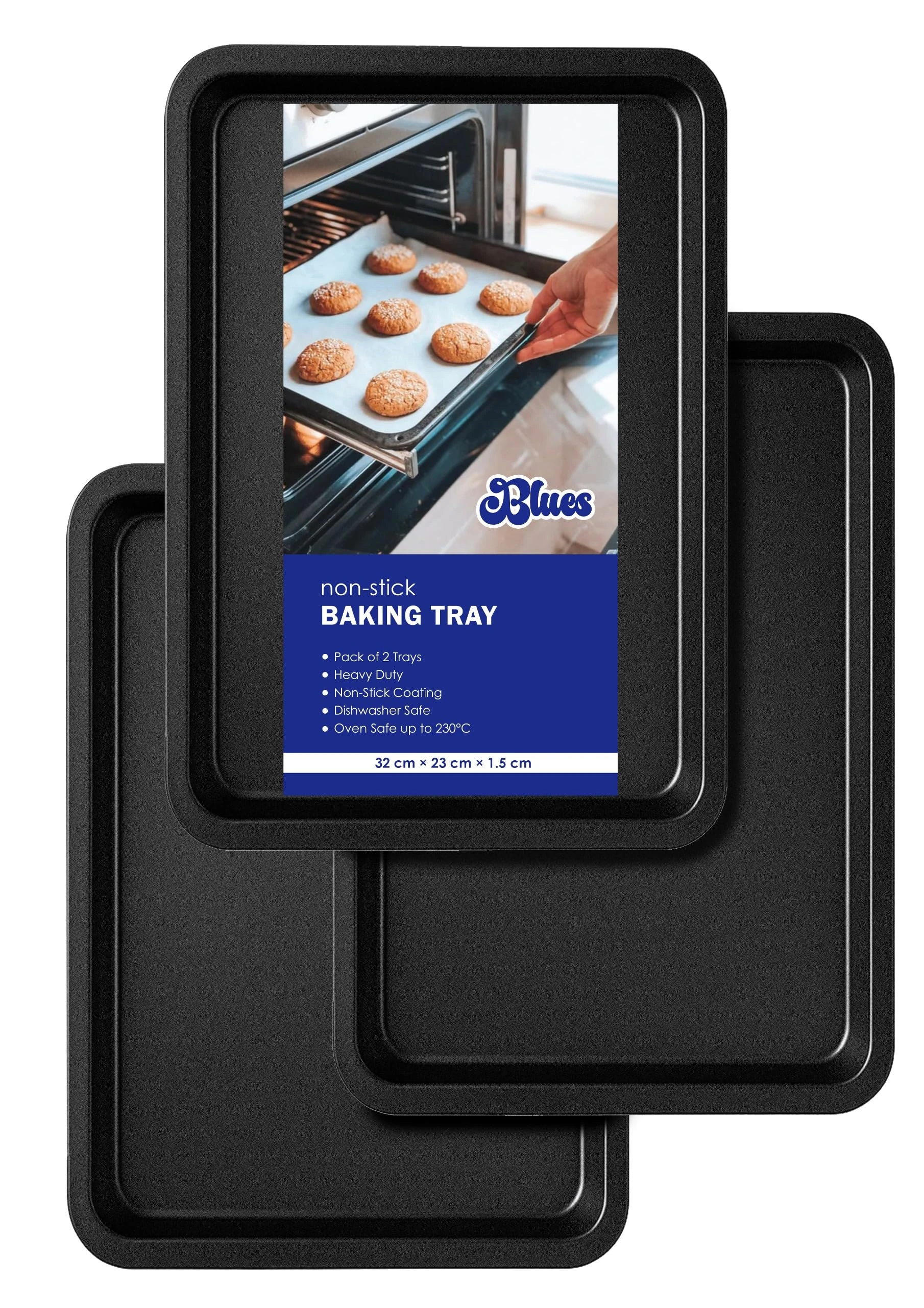 Baking Tray Set of 3 Non Stick 32 cm – Oven Tray, Heavy Duty Baking Sheet, Easy Clean Roasting Tin, Dishwasher Safe Bakeware by BLUES®