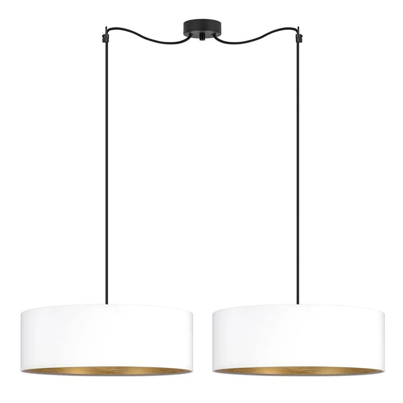 Sotto Luce Akai Glamour 2-Light Pendant Light - White/Gold Fabric - 1.5 m Black Fabric Cable - Black Ceiling Rose - 2 x E27 - Diameter 45 cm