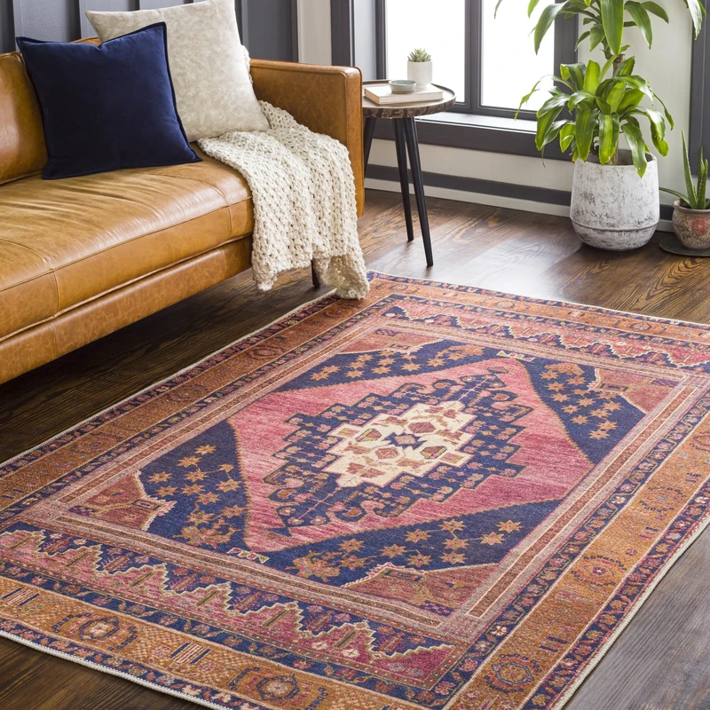 Livabliss Ezbet Machine Washable Rug - Vintage Area Rugs Living Room, Large Rug 200x275 cm - Traditional Boho Style, Dining Room, Kitchen, Outdoor, Hallway - Dark Blue, Rose, Burnt Orange