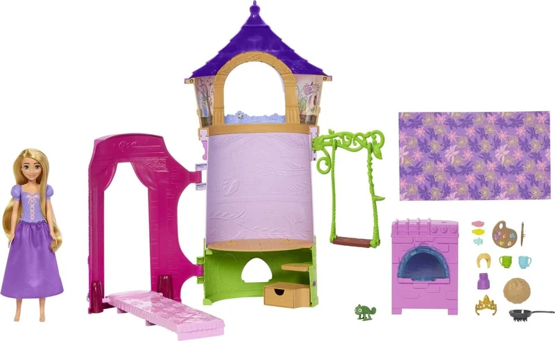Disney Princess Toys, Rapunzel Posable Doll and Tower Playset with 360 Play, 6 Play Areas and 15 Accessories, Inspired by the Disney Movie, HMV99