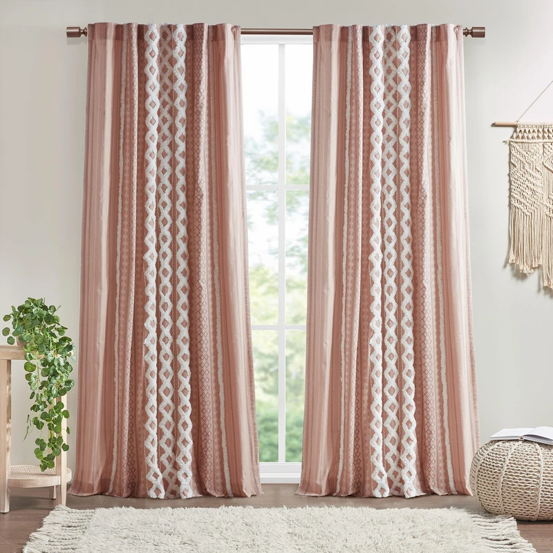 INK+IVY Imani Cotton Geometric Print, Single Panel Window Curtain Texture, Mid-Century Look Easy to Hang, Fits up to 1.25" Diameter Rod, 50" x 84", Blush - Image 1