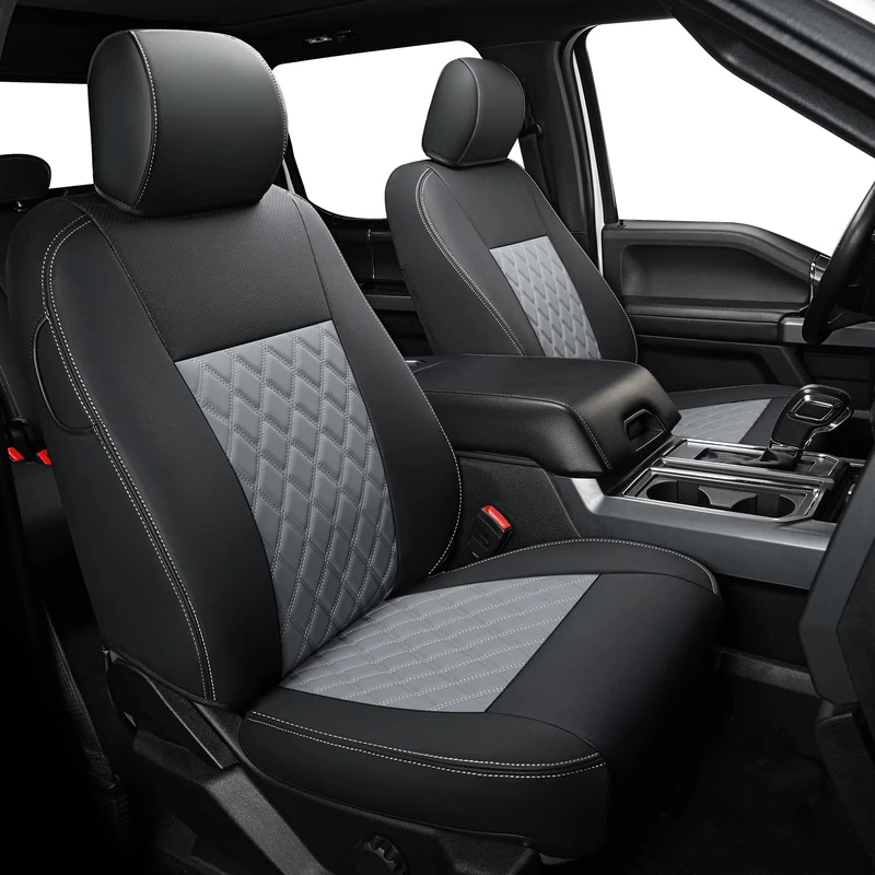 LUCKYMAN CLUB Custom Seat Covers X06-XLT for F150 SuperCrew 2015-2025 Custom Pickup Car Truck, Waterproof Faux Leather, Full Coverage, Also Fit 2017-2025 F250/F350 (Black&Gray Full Set)