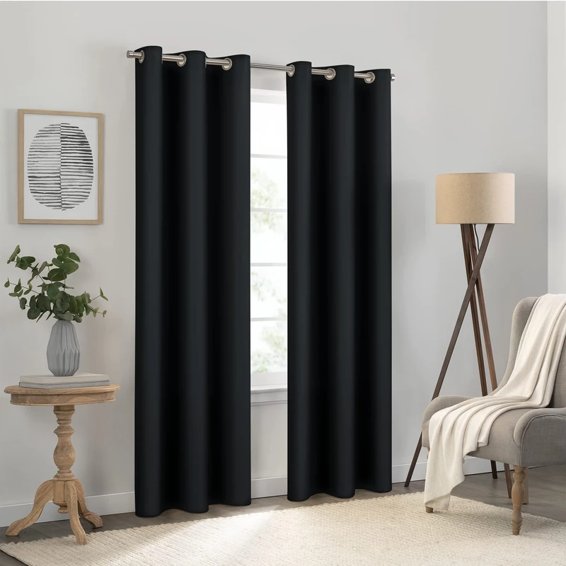 Eclipse Kendall Solid Textured Blackout Thermal Insulated Lining Grommet Window Curtain for Bedroom (1 Panel), 42 in x 54 in, Black