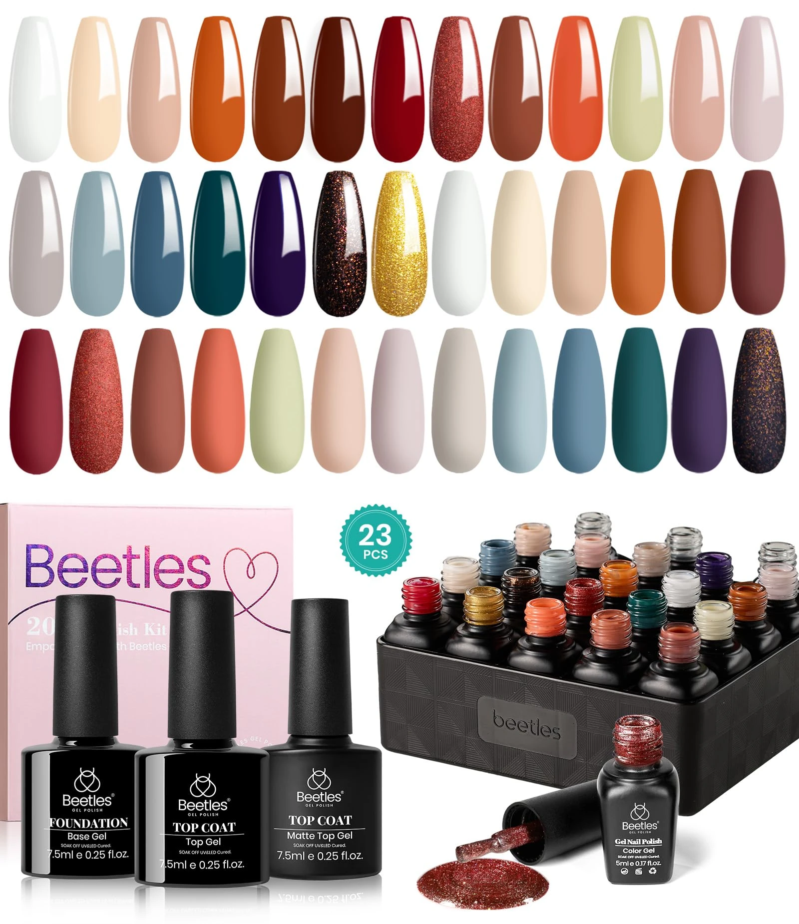 Beetles 23Pcs Gel Nail Polish Kit with Base Gel Top Coat Reason and Romance All Seasons Burgundy Red Brown Gray Soak off UV Nail Lamp Valentines Set Gifts for Women