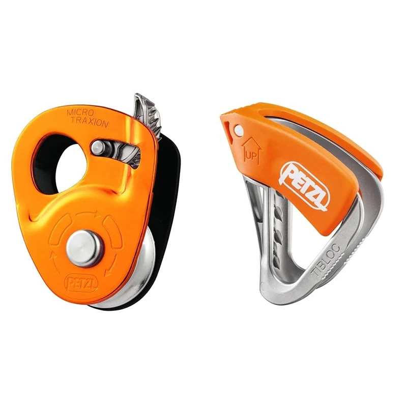 PETZL Unisex_Adult Seilrollen Micro Traxion Cable Pulley, Yellow, standard size & TIBLOC Ultra-light emergency ascender,Multicolor(Orange/Grey)