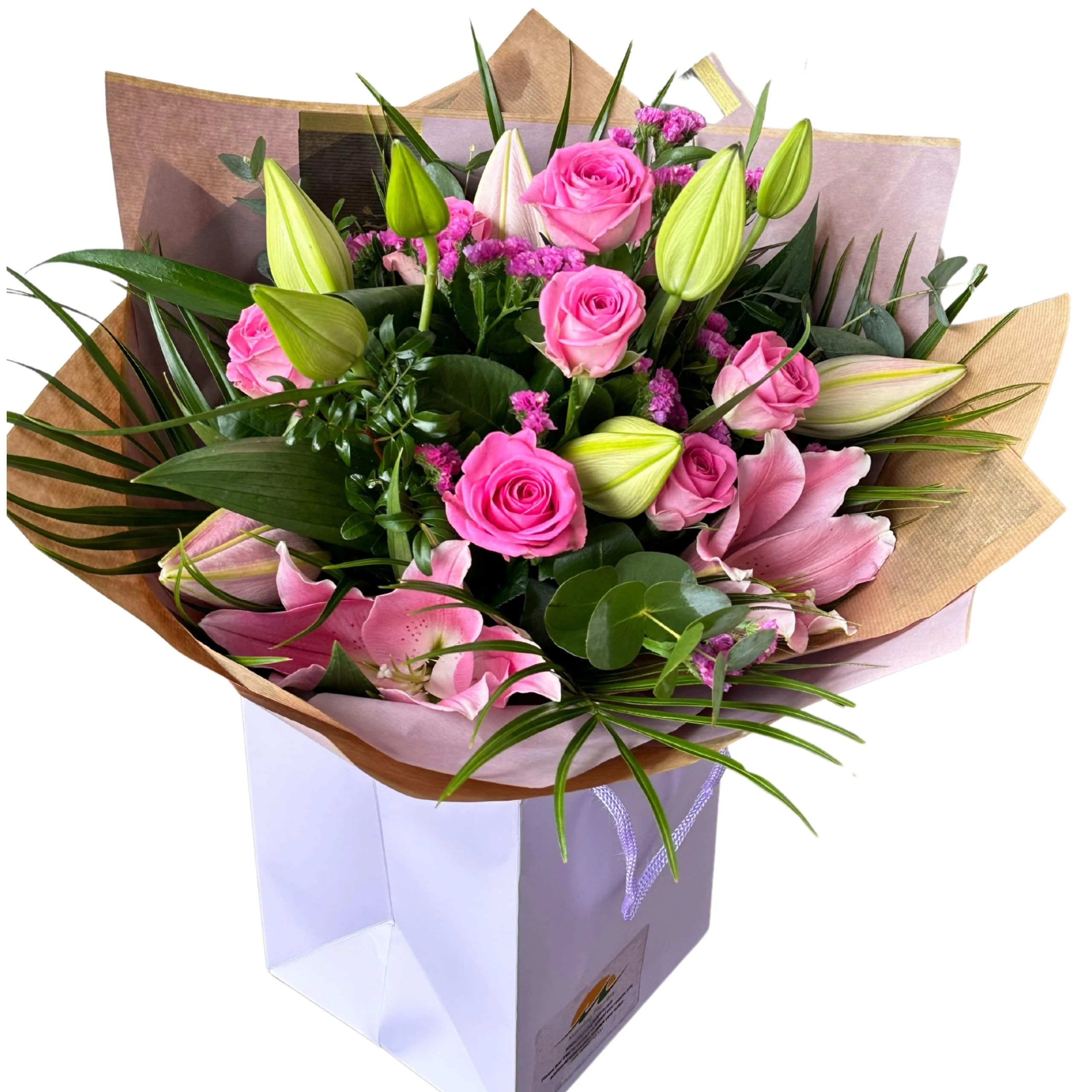 Pretty Pink Rose and Lily Fresh Flower Bouquet Gift Bag – Handcrafted Autumn Floral Arrangement for Birthday, Anniversary, Get Well, Thank You, Festive Occasions Delivery