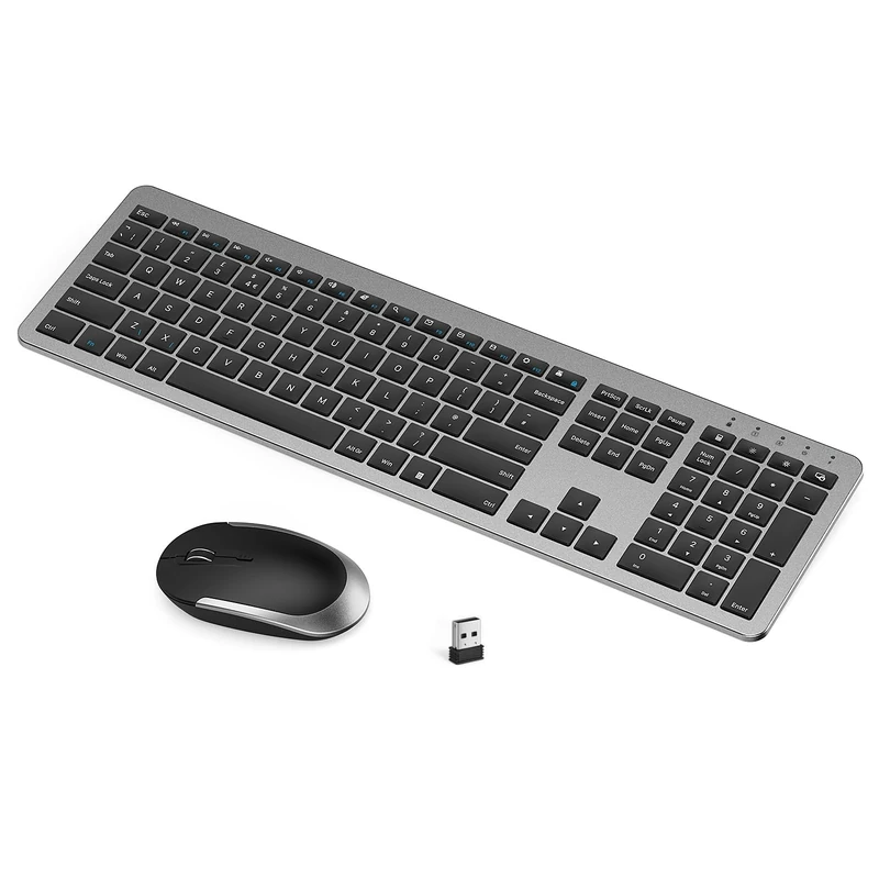 seenda Wireless Keyboard and Mouse Rechargeable, SK38-3 Ultra Slim Quiet USB Keyboard and Mouse Set for Windows Laptop PC Computer, Full-Size QWERTY UK Layout, Black and Grey