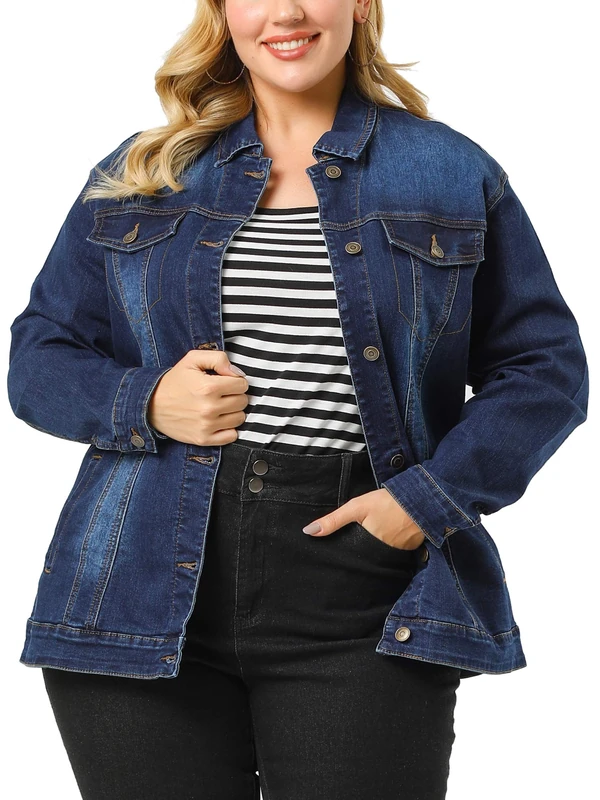 Uxcell Women's Plus Size Jean Jacket Stitching Button Front Washed Western Outfit Denim Jacket, Dark Blue, L Plus
