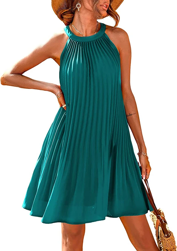 PRETTYGARDEN Women's Cute Halter Neck Sleeveless Mini Dress Solid Color Flowy Pleated Beach Dress Sundress, Blue Green, XS - Image 1
