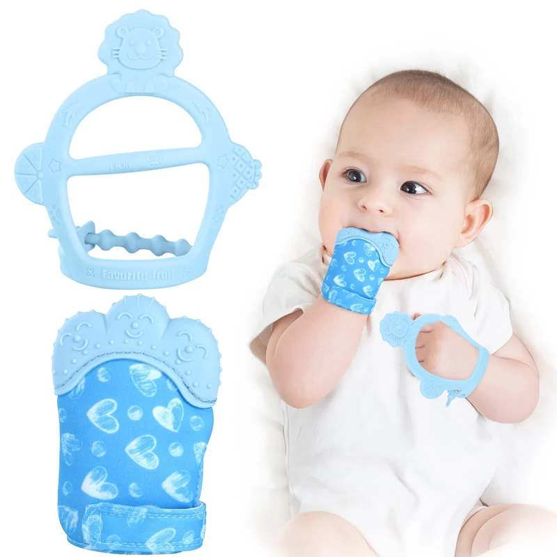 Vicloon Baby Teething Set - Teething Mittens with Silicone Glove and Chew Toy for Pain Relief (Blue)