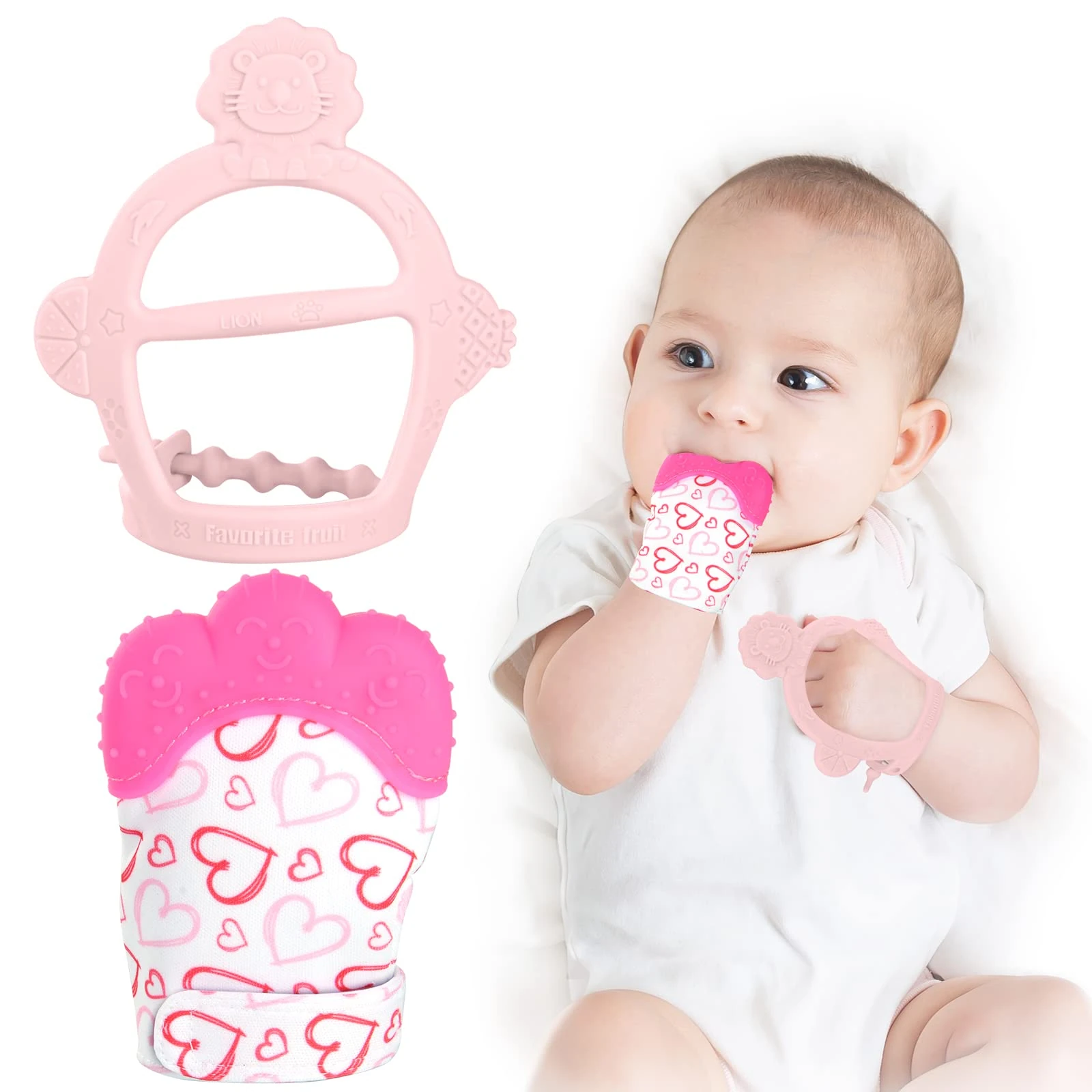 Vicloon Baby Teething Set - Teething Mittens with Silicone Glove & Chew Toy for Infant Pain Relief (Rose Red)