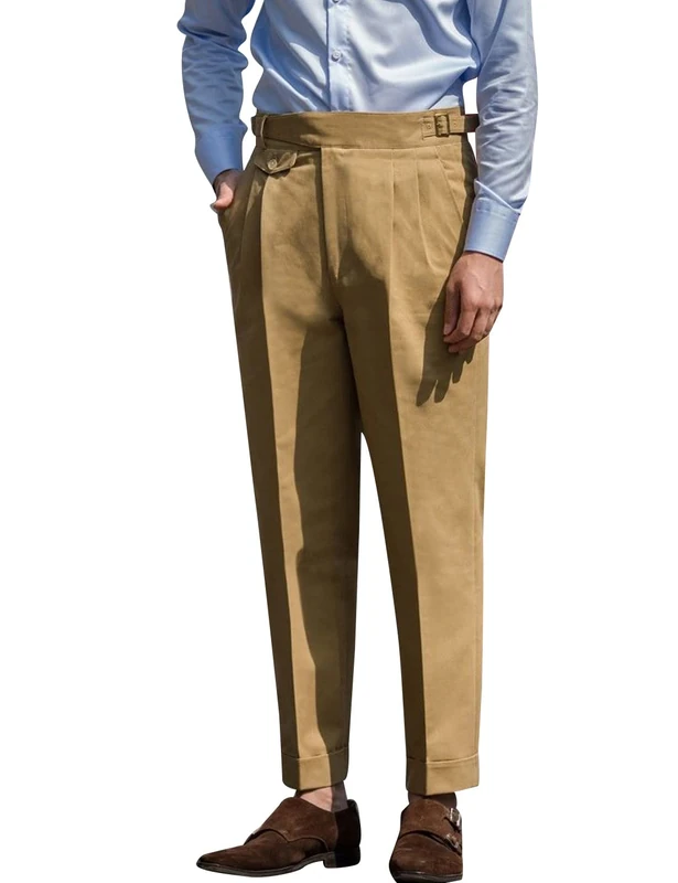 Snoly Men's Spring Fall Retro Cotton Tapered Leg Flat Front Chino Pant Straight Western Gurkha Pants, D Khaki, Medium - Image 1