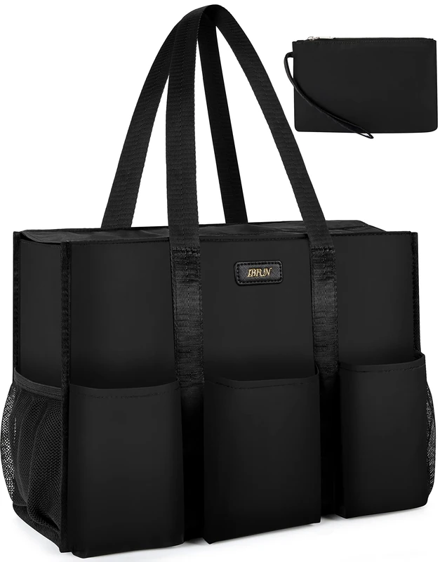IBFUN Utility Tote Bag with 14/24 Pockets Zip Top Teacher Tote Bag for Teacher/Work Women, A1-m-black, M