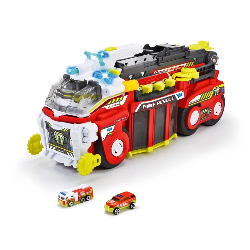 Dickie Toys Rescue Hybrids Fire Engine Large (55 cm) - Rescue Hybrids Fire Engine for Children with Water Spray Function, Extendable Ladder, Light & Sound + 2 Small Vehicles Fire Tanker