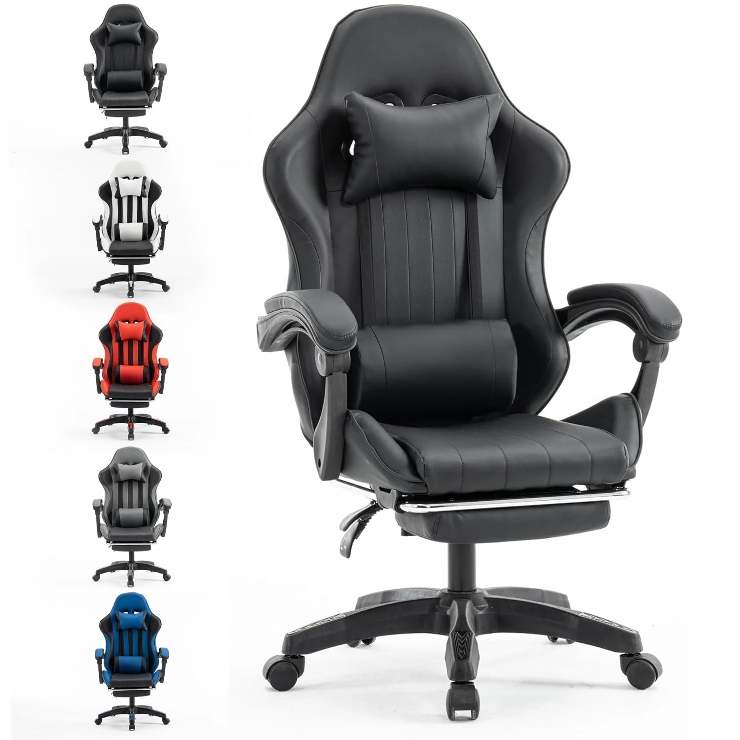Millhouse Gaming Racing Desk Chair with Adjustable Lumbar Support, Footrest, and Head Pillow, X2022 (Black)