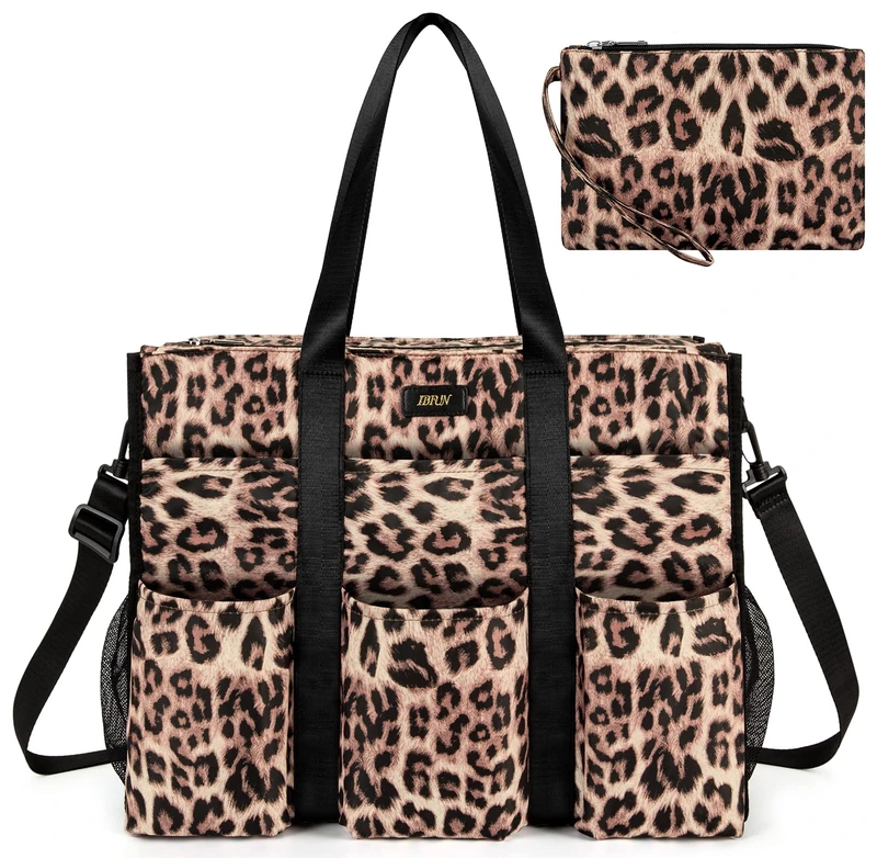 IBFUN Utility Tote Bag with 14/24 Pockets Zip Top Teacher Tote Bag for Teacher/Work Women, C1-l-brown Leopard, L