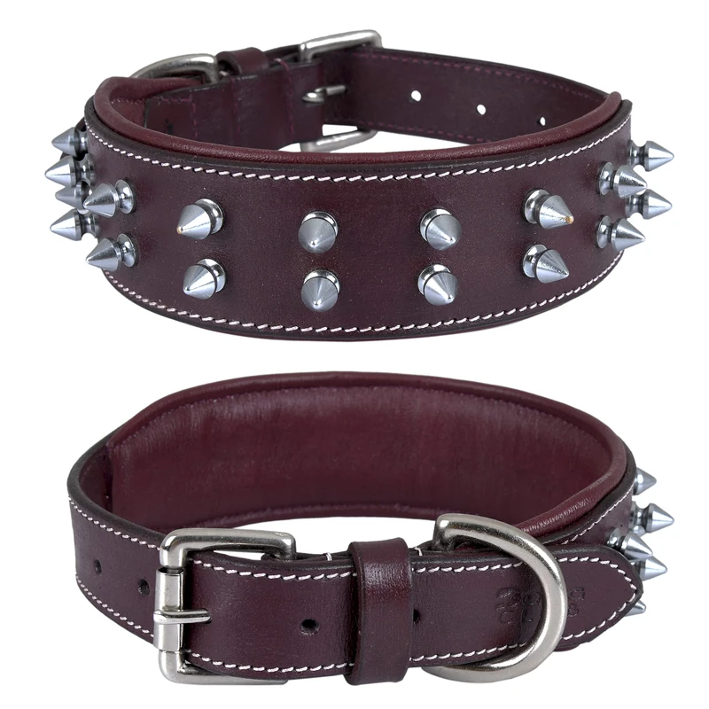 DowgClub | Genuine Leather Spike Dog Collar | Full Grain, Heavy Duty | Padded, Comfortable, Strong, Best for Large, X-Large Breeds | 2" Wide (M (Fit Neck Size 14.5"-18.5"), Cherry - Silver Spikes)