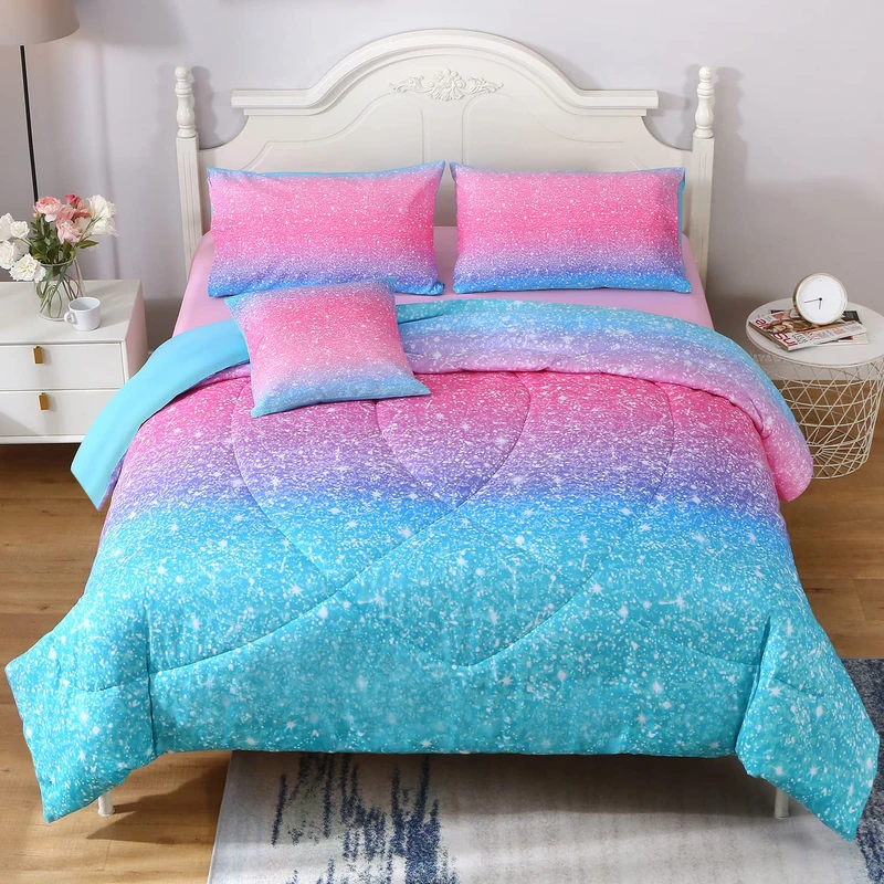 JQinHome Girls Comforter Sheet Set Full Size 6 Piece Bed in A Bag 3D Colorful Pink Rainbow Themed Bedding Set for Girls Women (1 Comforter,2 Pillowcases,1 Flat Sheet,1 Fitted Sheet,1 Cushion Cover)