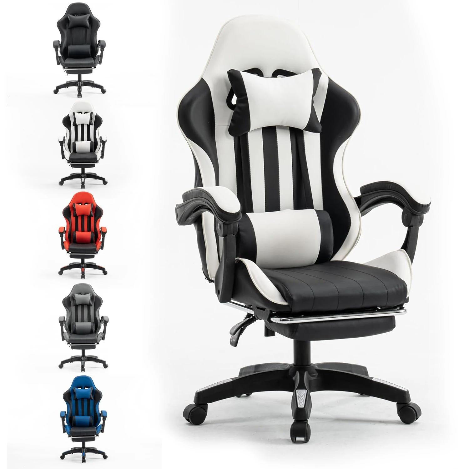 Millhouse Gaming Racing Desk Chair with Adjustable Lumbar Support, Footrest, and Head Pillow, X2022 (White)