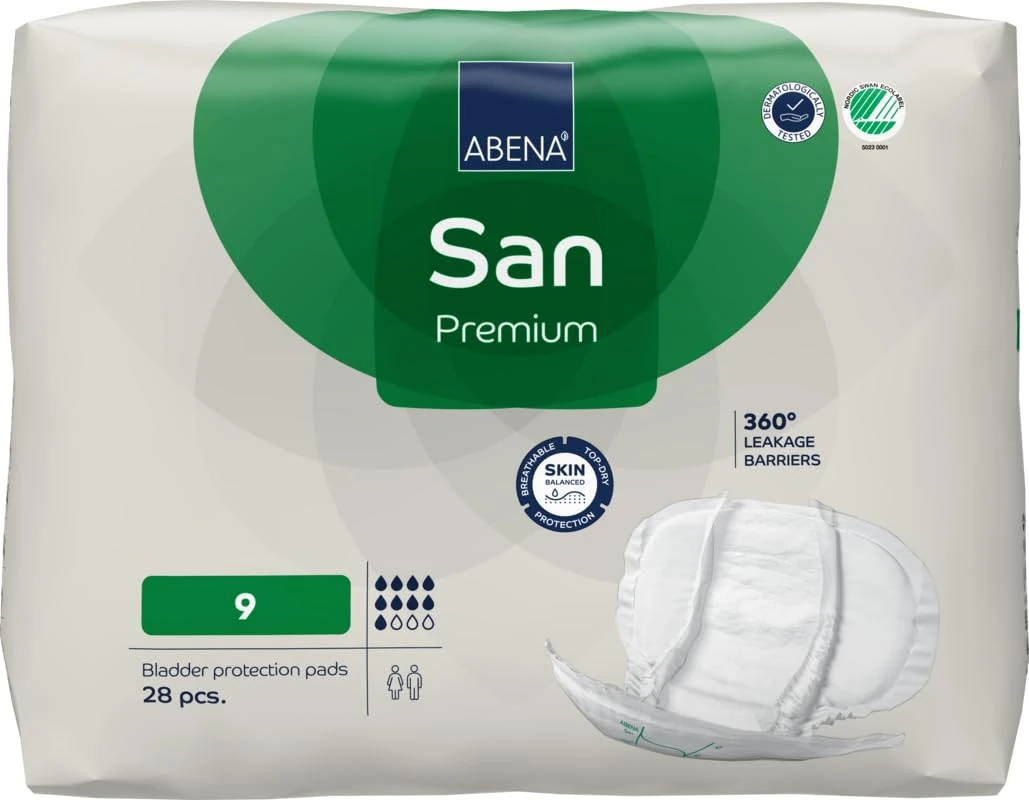 ABENA San Premium Mens & Womens Incontinence Pads, Breathable & Comfortable, Fast Absorption, Discreet & Effective Shaped Incontinence Pads for Men/Women - Premium 9, 2400ml Absorbency, 28PK