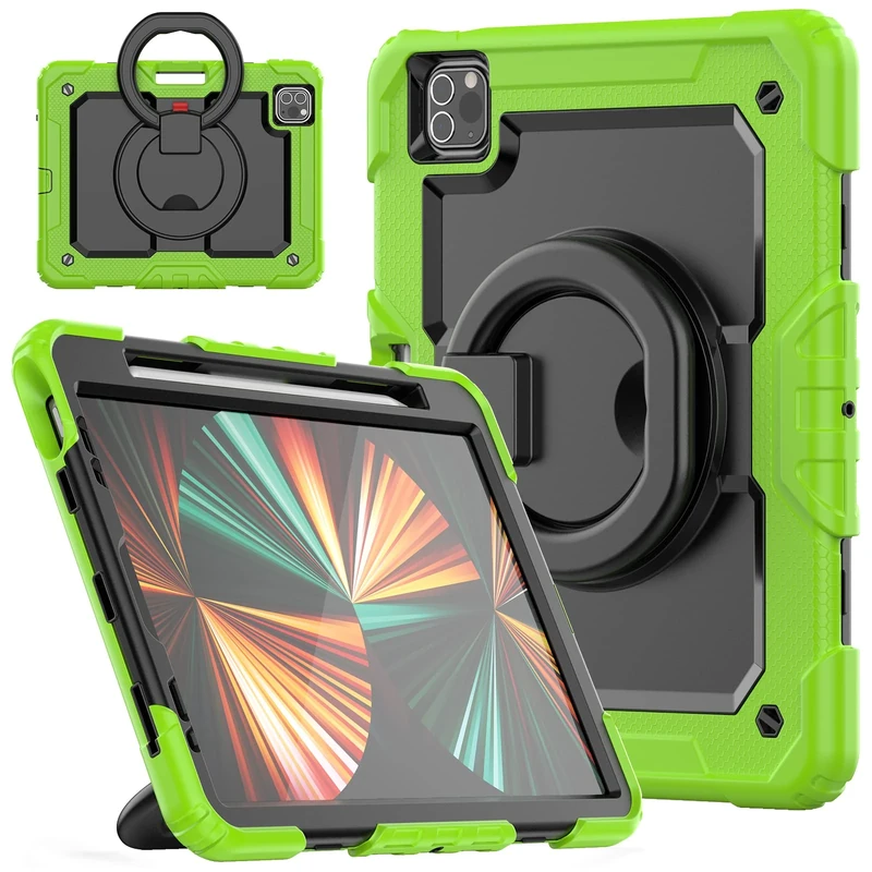 HUEZOE Compatible iPad Pro 11 Inch Case, Model 2021/2020/2018, Shockproof Protective Cover for Full Body Rugged with Swivel Holder/Pen Holder, Green