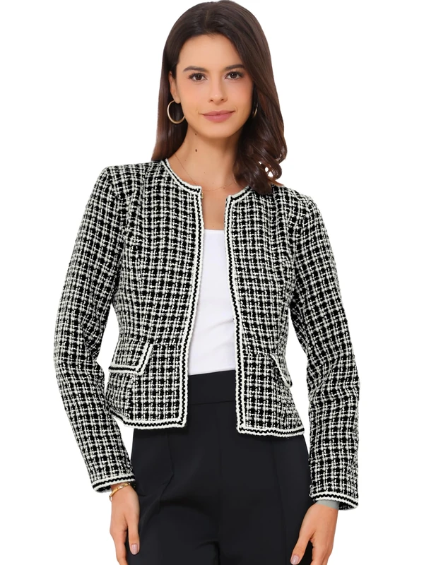 Allegra K Women's Plaid Tweed Blazer Long Sleeve Open Front Work Office Short Jacket, Black, Medium