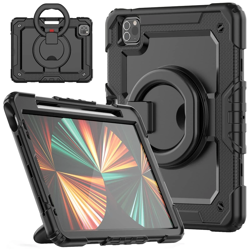 HUEZOE Compatible iPad Pro 11 Inch Case, 2021/2020/2018 Model, Shockproof Full Body Protective Case with Swivel Holder/Pen Holder, Black
