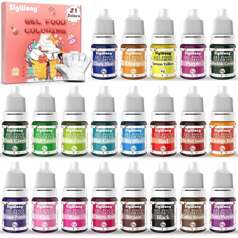Food Colouring Gel - 21x6ml Highly Concentrated Food Colouring Set, Vibrant Tasteless Food Color Dye for Icing Coloring, Cake Cookie Decorating, Baking, Fondant, Frosting, with Gloves - Vegan