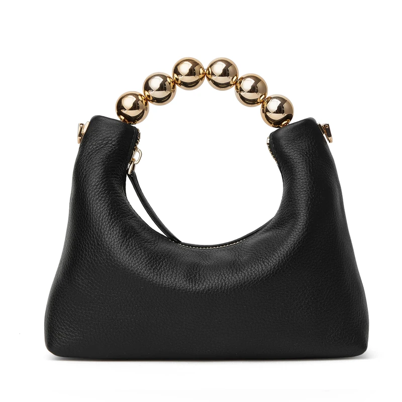 DORIS&JACKY Small Top Handle Clutch Bag Women Designer Goatskin Crossbody Purse With Pearl Handle And Detachable Metal Chain (Black)