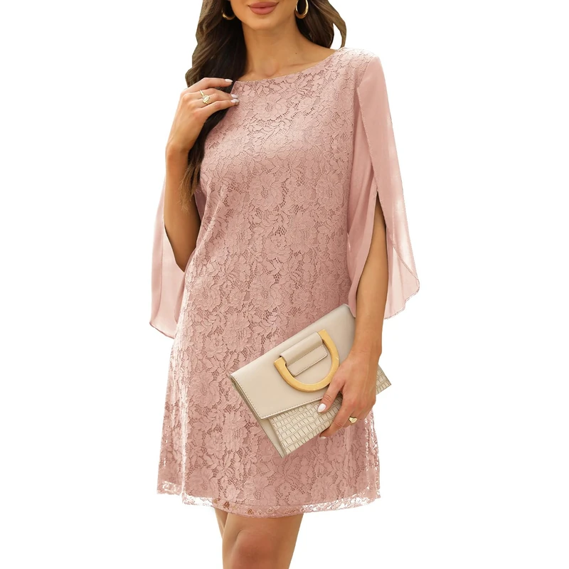 COOAN Women's Pink Floral Lace and Sequins Wedding Guest Dress, XL
