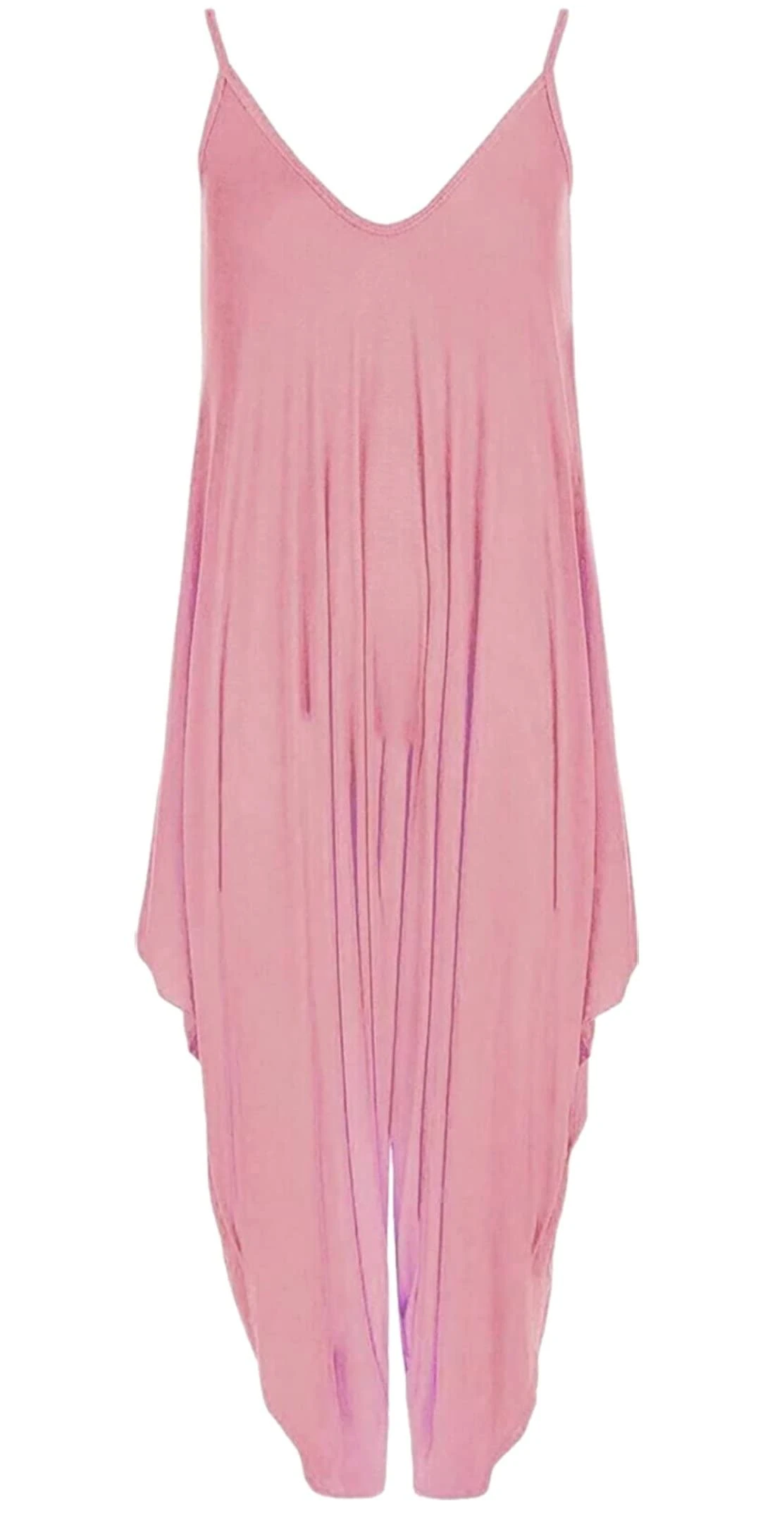 Ladies Summer All In One Wear Italian Drape Relaxed Fit Baggy Playsuit Women’s Sleeveless Cami Strappy Neck Jumpsuit Italian Lagenlook Style Playsuit Jumpsuit (Baby Pink UK 12-14)