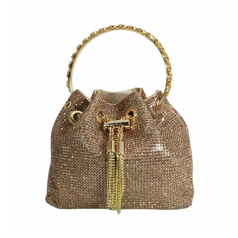 DJBM Women Full Diamonds Bucket Handbag Rhinestone Clutch Purse Evening Clutch for Women Party Prom Cocktail Wedding, Gold - Image 1