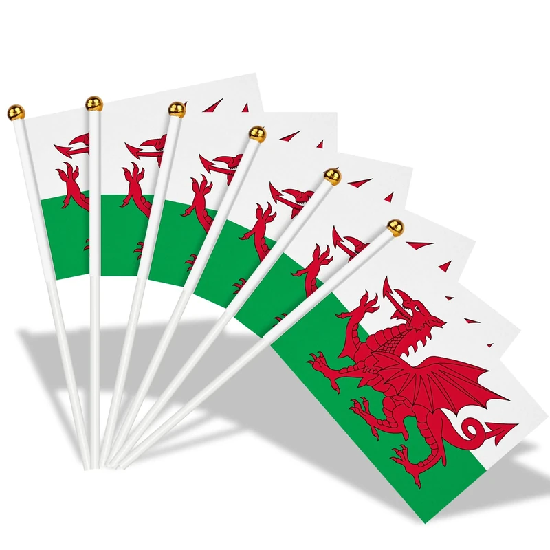 AhfuLife Welsh Flags on Sticks for St David's Day, 100Pcs Wales Welsh Dragon Hand Held Small Flags with 40cm White Poles for Six Nations Rugby Euro World Cup Football Party Decor (20 x 28 cm, 100 Pcs)