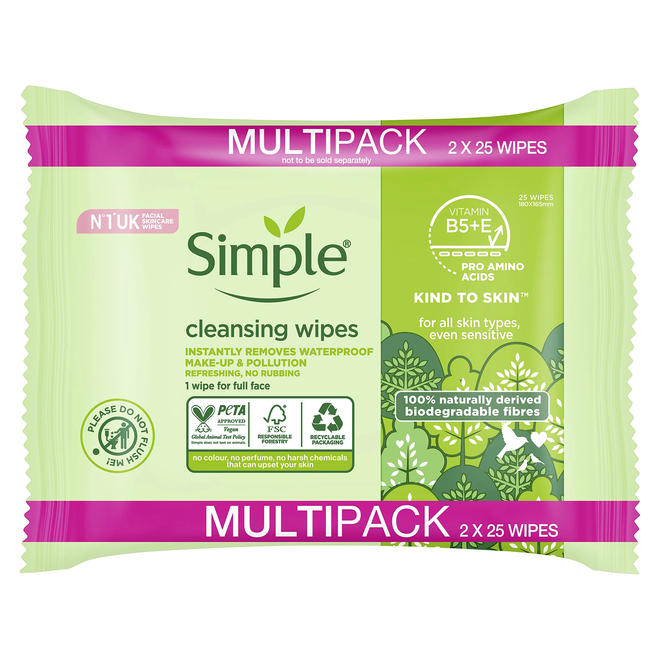 Simple Kind to Skin Biodegradable UK's No. 1 facial skin care brand* Cleansing Wipes for sensitive skin 2x25 PC