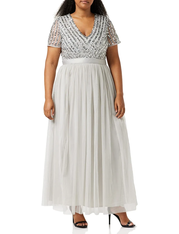Maya Deluxe Taupe Blush Short Sleeve Stripe Bridesmaid Maxi Dress Formal Dress for Women, Grey, 22/Plus - Image 1