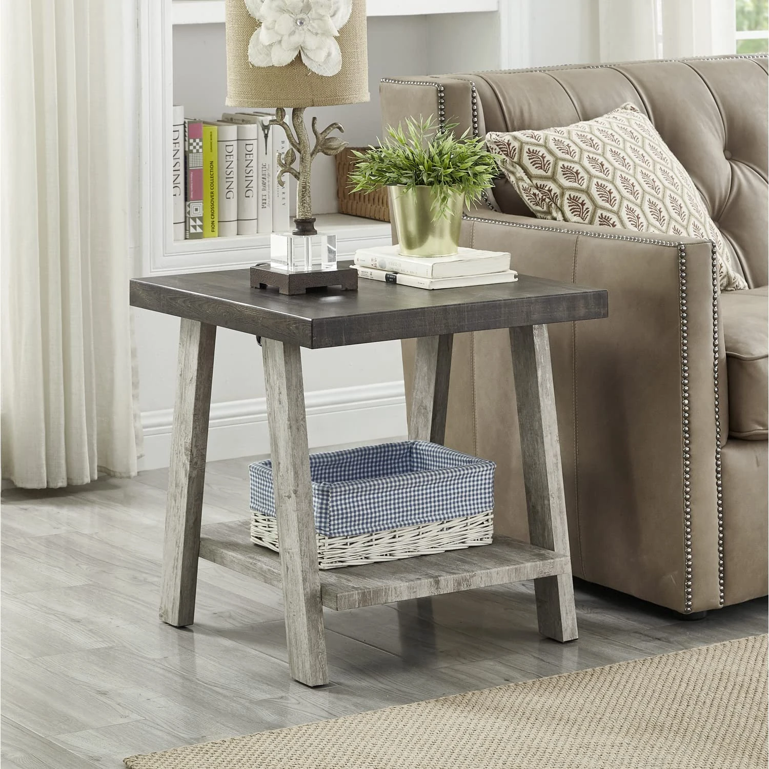 Roundhill Furniture Athens Contemporary Replicated Wood Regular End Table, Weathered Walnut and Gray