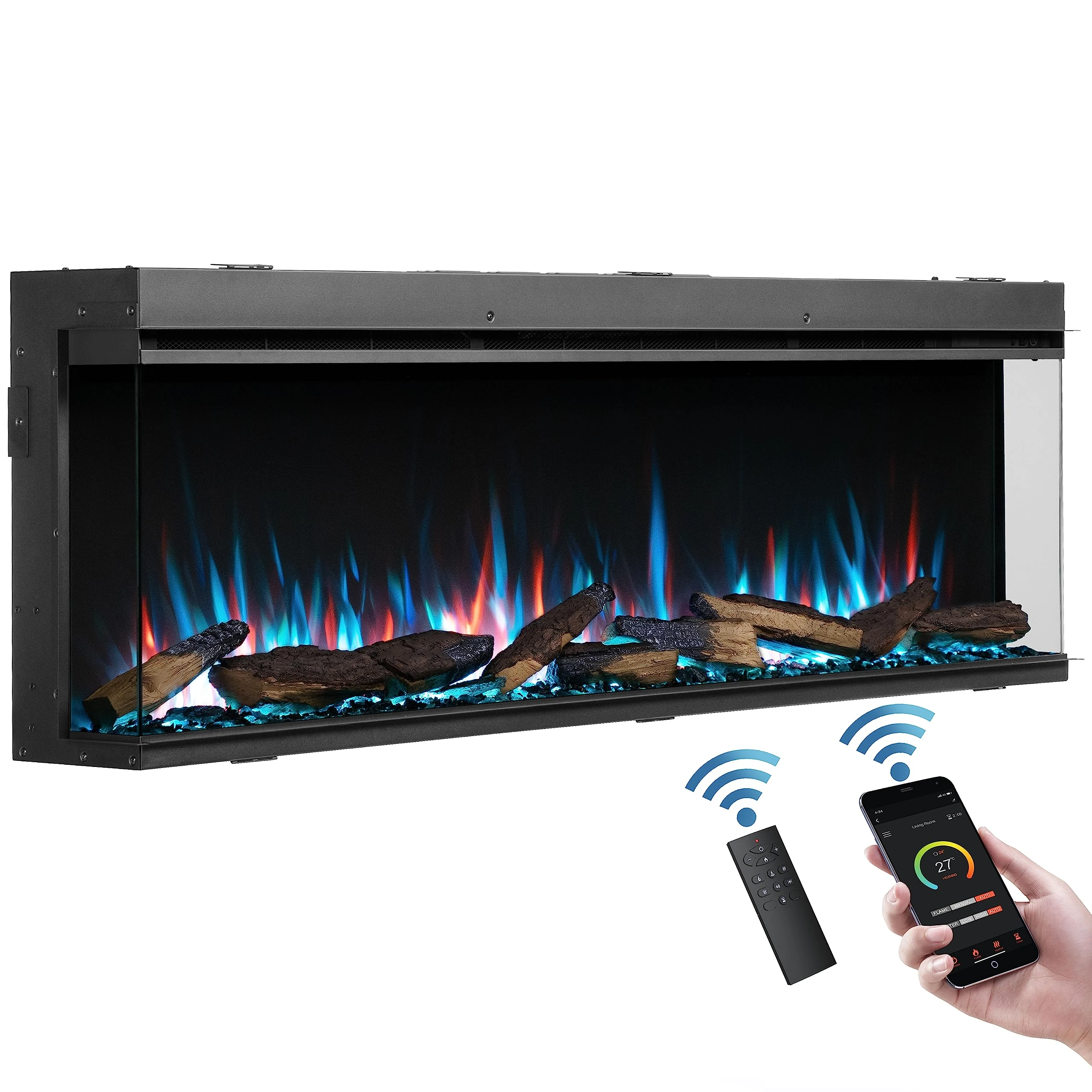 FLAMME Knighton 150cm/59" 3-Sided Electric Media Wall Fire, Recessed TV Media Wall, Multiple Flame Colours, Sound Effects and APP Control