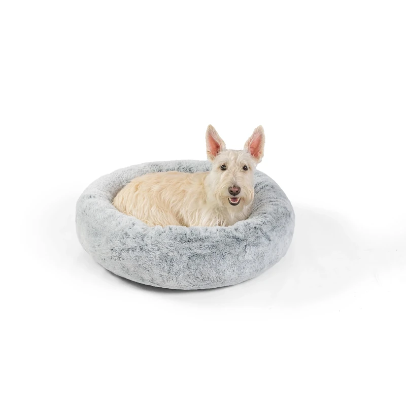 Best Friends by Sheri SnuggleSoft Faux Rabbit Fur Memory Foam Calming Donut Bed for Dogs and Cats, Grey, 23" x 23"