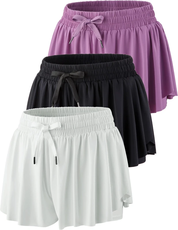 Liberty Pro 3 Pack Womens Flowy Running Shorts, 2-in-1 Butterfly Skirts with Shorts Underneath Spandex Athletic Casual Gym Workout Lounge Clothes Women, White/Black/Purple, XL