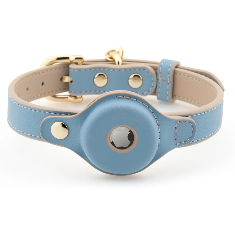 NINA WOOF Cupertino Airtag Dog Collar - Genuine Vegan Leather Air Tag Dog Collar with Durable and Soft Padded Material for Small Dogs - Blue (S (Neck: 12x15"))