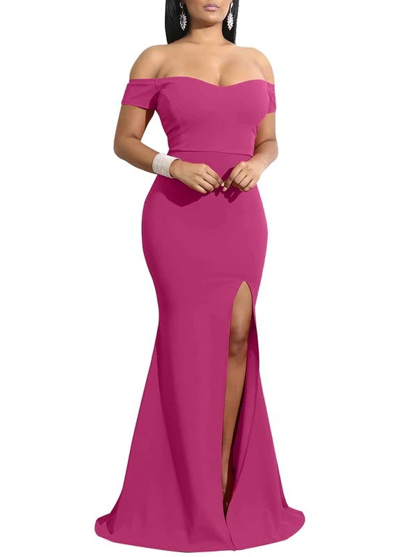 YMDUCH Women's Off Shoulder High Split Long Formal Party Dress Evening Gown, Rose, XL