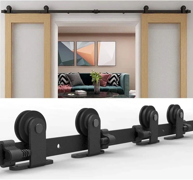 WOLFBIRD 5FT Sliding Door Hardware Closet Kit for Double Wood Doors, Steel T Roller Kit, Sliding Door Track System