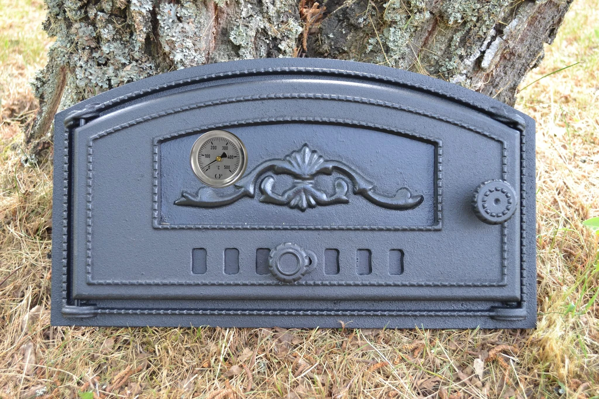 SEZAM Cast Iron Oven Door with Thermometer 500 °C, Left Opening Pizza Oven Door, Bread Oven, Stone Oven Door, 48.5 x 6.5 x 27.5 cm, Semicircular, Black Painting