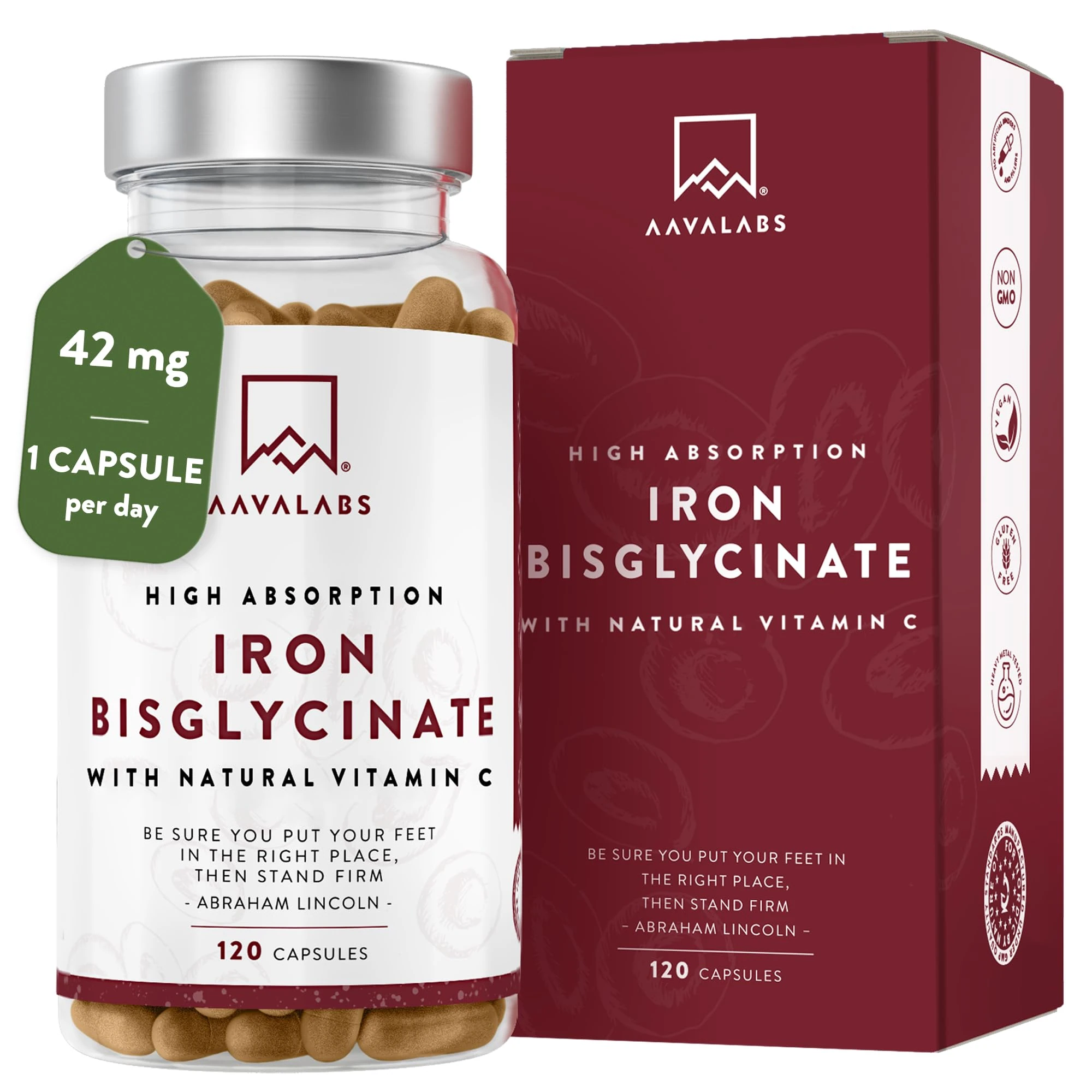 Gentle Iron Supplements for Women and Men - 42 mg Iron Tablets high Strength with Natural Vitamin C - Active Form - bisglycinate - Fatigue Supplements with high bioavailability - 120 Capsules